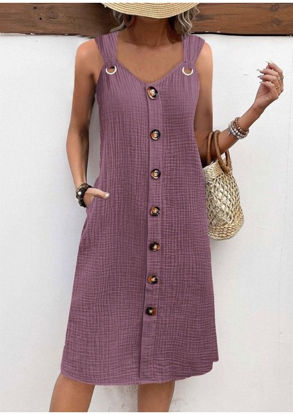 Miracotton Kadın Askılı V Yakalı Önden Düğmeli Narin Elbise modelleri