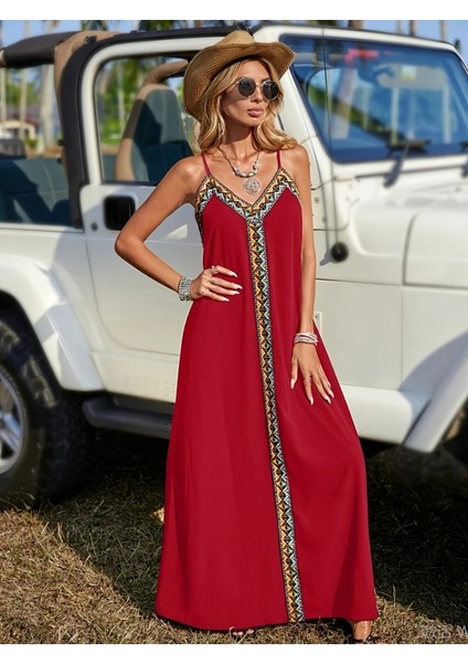 Kadın Askılı V Yakalı Etnik Şerit Detaylı Uzun Viskon Elbise