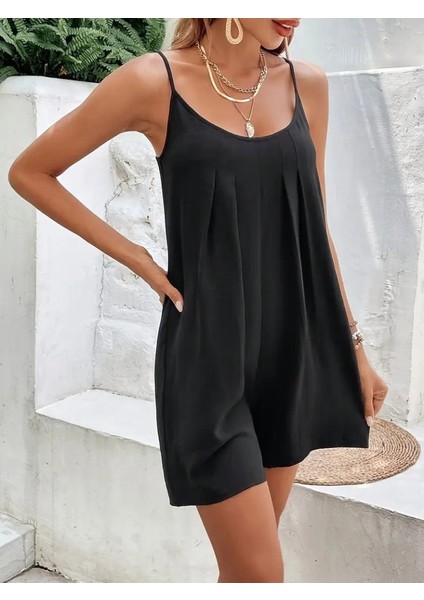 Kadın Ip Askılı Yuvarlak Yakalı Pileli Viskon Tulum