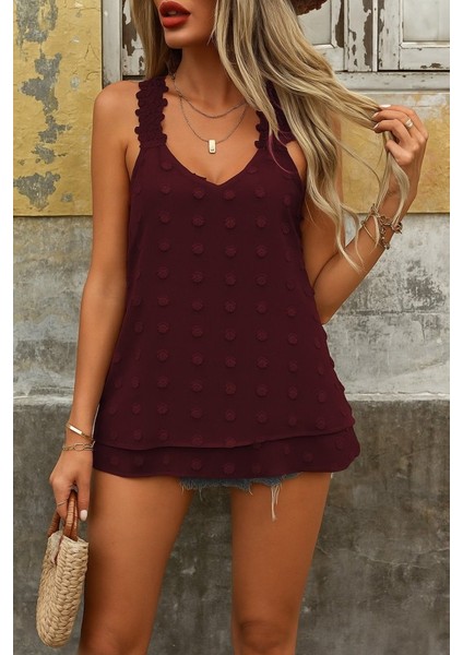 Kadın Dantel Askılı V Yakalı Sırtı Çapraz Detaylı Ponpon Bluz