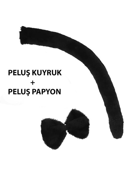 Peluş Siyah Renk Kuyruk ve Papyon Yetişkin Çocuk Uyumlu (3791)