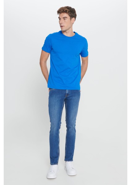 Erkek Saks Mavi %100 Pamuk Slim Fit Dar Kesim Bisiklet Yaka Tişört modelleri