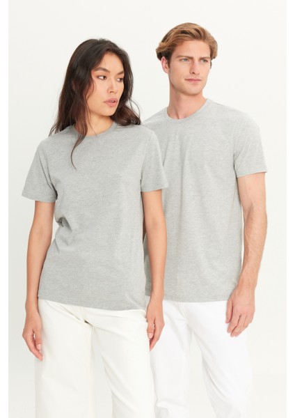 Erkek Gri Melanj Pamuklu Slim Fit Dar Kesim Bisiklet Yaka Tişört