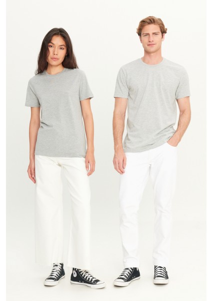 Erkek Gri Melanj Pamuklu Slim Fit Dar Kesim Bisiklet Yaka Tişört