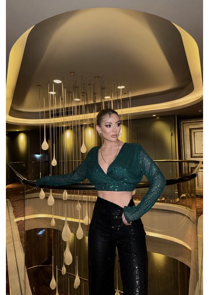 Pullu Crop Kruvaze Bluz - Zümrüt