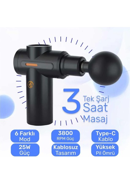 Mini masaj tabancası, 6 hız, turbo, Type-C, 3800rpm, 4 başlık, hafif ve kompakt