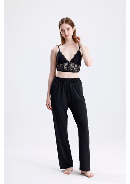 Kadın Siyah Örme Dantelli Ip Askılı Uzun Pijama Takımı Şık ve Rahat Ev Giyim modelleri