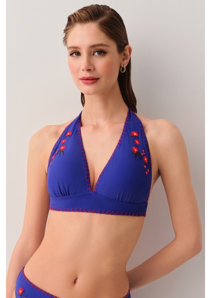 Bohem V Dekolteli Kroşeta Detaylı Bikini Üst