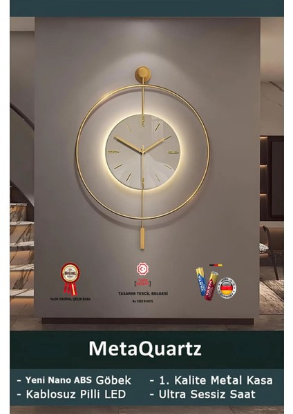 Timelles Kristal - Büyük BOY(50X75CM) - (Quartz Mekanizmalı Seri) - (Pilli Led) - Metal Duvar Saati