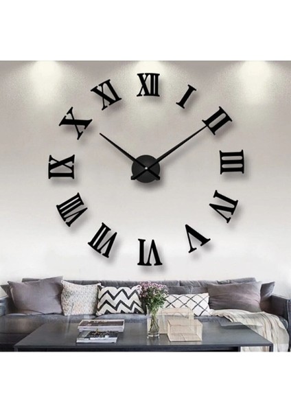 3D Siyah Ahşap Roma Rakamlı Dekoratif Büyük Boy Duvar Saati
