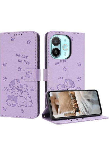 Tecno Spark 30C 5g Sevimli Kedi Kart Tutucu Kickstand Deri Için Flip Case (Yurt Dışından)