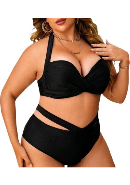 Yazlık Kadın Iki Parçalı Mayo Düz Renk Büyük Beden Sırtı Açık Yüksek Bel Bikini Mayo (Yurt Dışından)