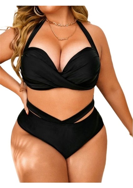 Yazlık Kadın Iki Parçalı Mayo Düz Renk Büyük Beden Sırtı Açık Yüksek Bel Bikini Mayo (Yurt Dışından) fiyatları