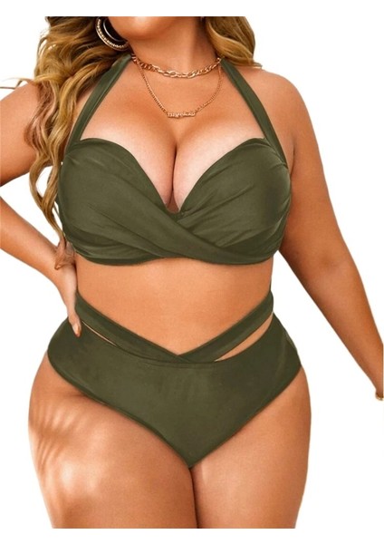 Yazlık Kadın Iki Parçalı Mayo Düz Renk Büyük Beden Sırtı Açık Yüksek Bel Bikini Mayo (Yurt Dışından) fırsatları