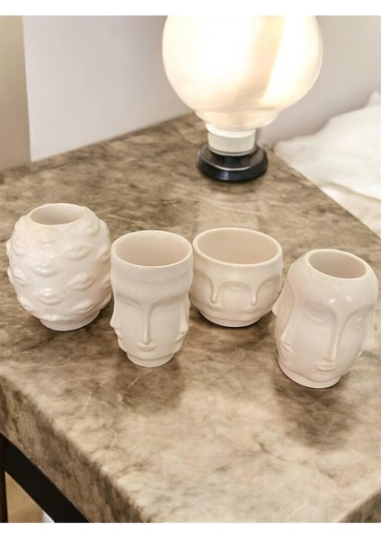Elite Seramik Görünümlü Dekoratif 4lü Soyut Yüz Taş Saksı - Vazo - Set Ekru - Bahçe Balkon- Çiçeklik 1 Adet