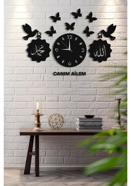 Kuş Kelebek Saat Canım Ailem Allah Muhammed Dekoratif Lazer Kesim Ahşap Duvar Saati
