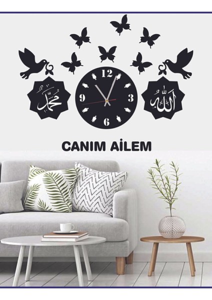 Kuş Kelebek Saat Canım Ailem Allah Muhammed Dekoratif Lazer Kesim Ahşap Duvar Saati modelleri