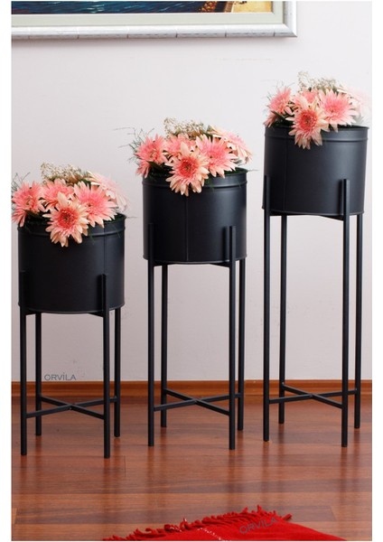 Elite 3 Boy Siyah Saksılık Dekoratif Ayaklı Metal Çiçeklik | 83CM-72CM-64CM Saksı 1 Adet
