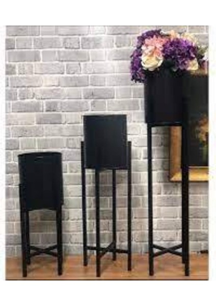 Elite 3 Boy Siyah Saksılık Dekoratif Ayaklı Metal Çiçeklik | 83CM-72CM-64CM Saksı 1 Adet modelleri
