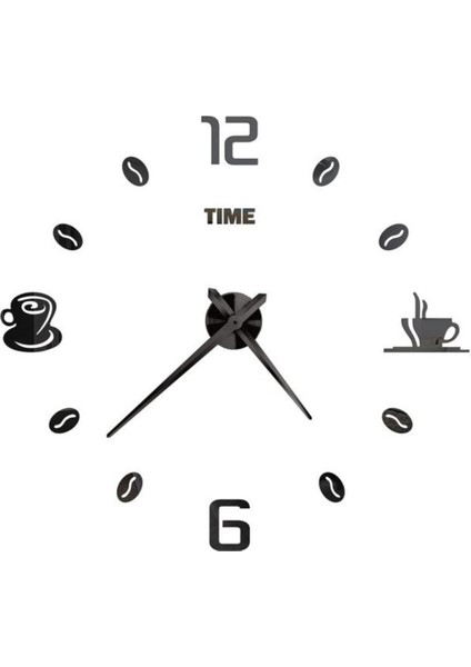 3D Duvar Saati Kahve Fincan Mutfak Duvar Saati Siyah Renk Ahşap