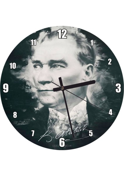 Mustafa Kemal Atatürk Portresi ve Imzası Görseli Duvar Saati (Çap 30X30 Cm)