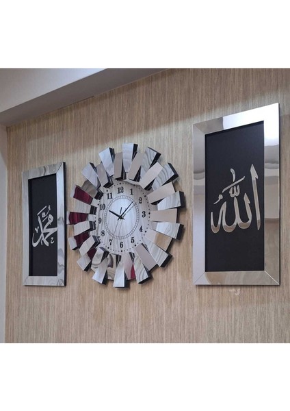 3 Lü Duvar Saati Piyano Model Allah Muhammed Lafzı Tablo Aynalı Pleksi 3 Boyutlu Türk Rakam Gümüş
