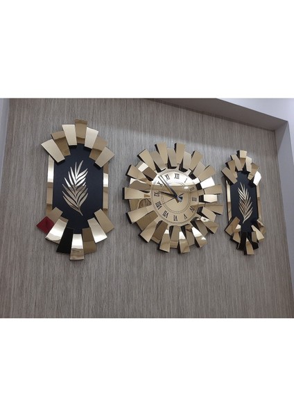 3lü Duvar Saati Gold Aynalı Roma Rakam 3 Boyutlu Piyano Model Palmiye Detay