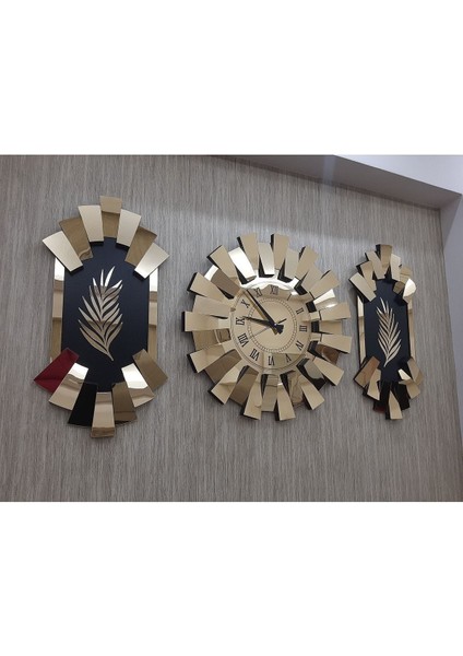 3lü Duvar Saati Gold Aynalı Roma Rakam 3 Boyutlu Piyano Model Palmiye Detay fırsatları