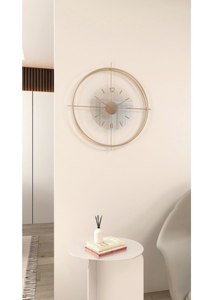 Büyük Boy(55*55 Cm) Gold Deluxe Şeffaf Cam Iskandinav (Çiftçember)Modern Dekoratif Camlı Duvar Saat