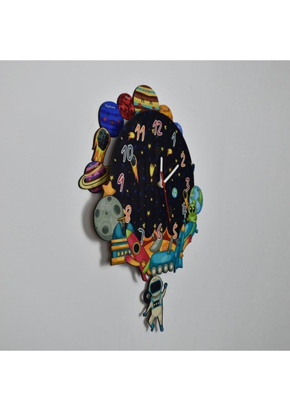 3 Boyutlu Ahşap Uzay ve Gezegenler Çocuk Odası Ahşap Duvar Saati ELF-2312023