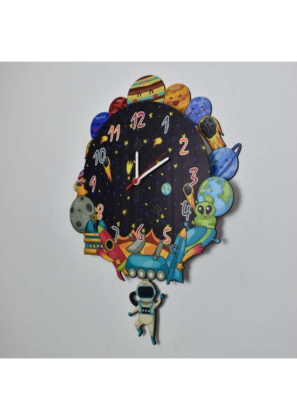 3 Boyutlu Ahşap Uzay ve Gezegenler Çocuk Odası Ahşap Duvar Saati ELF-2312023