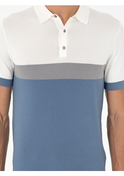 Erkek Mavi Slim Fit Polo Yaka Keten Karışımlı Triko T-shirt 50293243-VR036