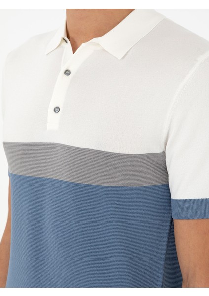 Erkek Mavi Slim Fit Polo Yaka Keten Karışımlı Triko T-shirt 50293243-VR036