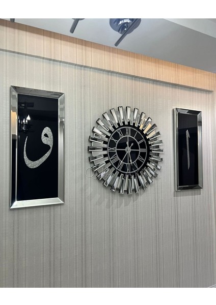 Gümüş Aynalı 3’lü 65 cm Saat ve 30*70 cm Tablo Seti