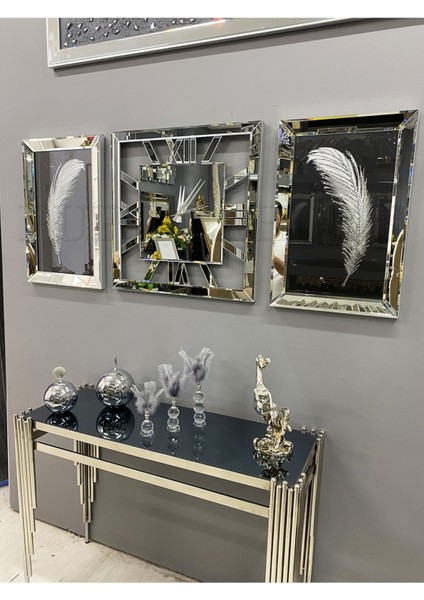 Aynalı Tüy Tablo ve Kare Saat Set