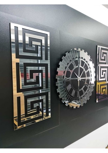 Xl Büyük Dekoratif Set Pleksi Gümüş Aynalı 3D Kabartmalı - El Boyaması Şık Duvar Saati ve Dekoru fiyatları