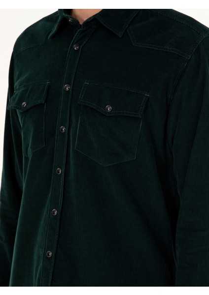 Erkek Koyu Yeşil Regular Fit Kadife Gömlek 50291369-VR079