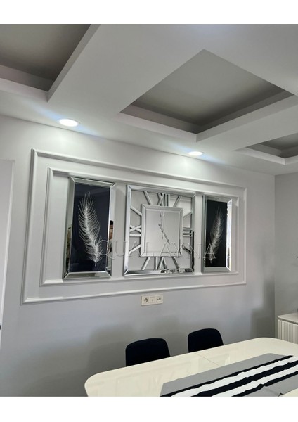 3’lü x Model 80*80 cm Aynalı Duvar Saati ve 40*90 cm Tüy Tablolar