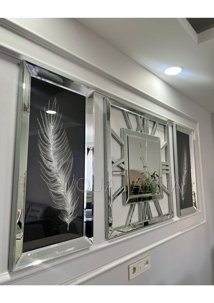 3’lü x Model 80*80 cm Aynalı Duvar Saati ve 40*90 cm Tüy Tablolar fiyatları