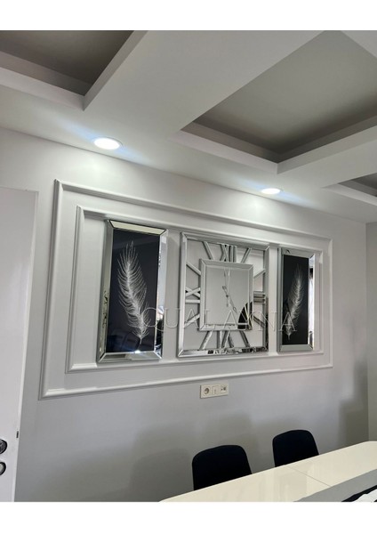 3’lü x Model 80*80 cm Aynalı Duvar Saati ve 40*90 cm Tüy Tablolar modelleri