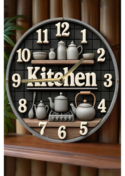 Sessiz Yuvarlak Ahşap Duvar Saati, Kuvars Hareketli 3D Görünümlü 2d Saat Mutfak Serisi