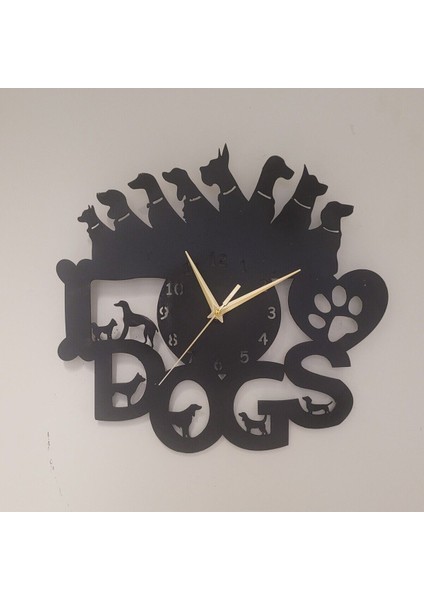 Duvar Saati Dekoratif Duvar Saati Lazer Kesim Duvar Saati Çelik Duvar Saati Dogs Temalı Duvar Saati