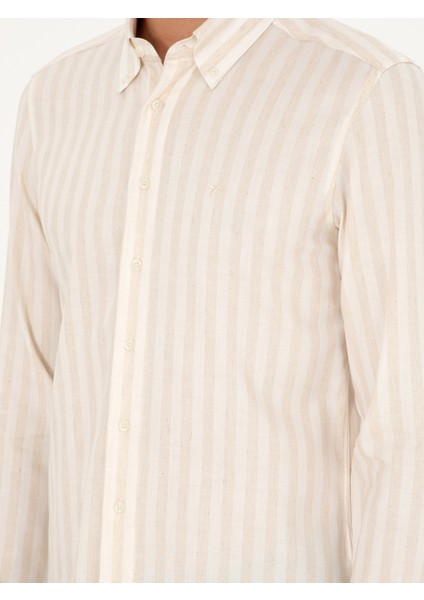 Erkek Bej Slim Fit Çizgili Keten Karışımlı Gömlek 50291332-VR011