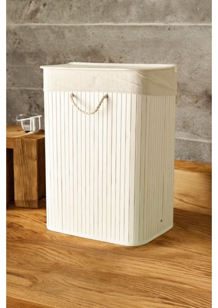 Elite Bambu Katlanır Dikdörtgen Kirli Çamaşır Sepeti Beyaz 35X40X60 1 Adet