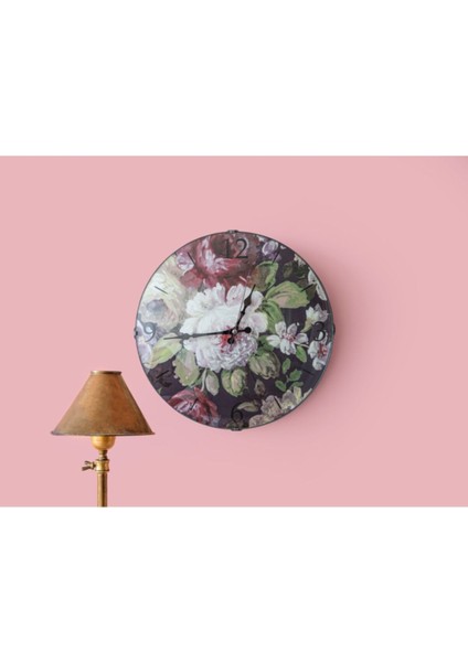 Floral Rose Cam Plastik Duvar Saati 35 cm Pembe