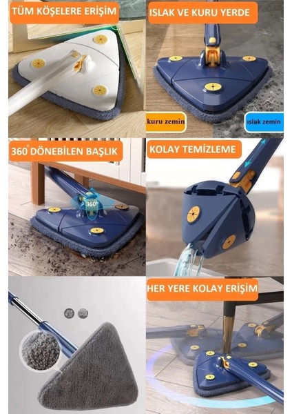 Elite Üçgen Mop Sıkmalı Fayans Ahşap Mermer Yüzey Temizleme Mop Cam Silme Paspası 1 Adet