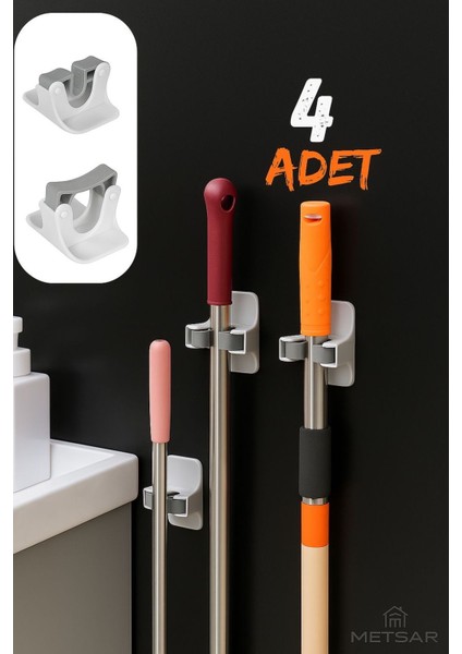 Elite 4 Adet Çok Amaçlı Paspas, Süpürge, Fırça ve Mob Askısı-Sap Tutucu Mutfak ve Banyo Askısı 1 Adet