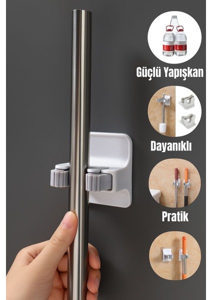 Elite 4 Adet Çok Amaçlı Paspas, Süpürge, Fırça ve Mob Askısı-Sap Tutucu Mutfak ve Banyo Askısı 1 Adet
