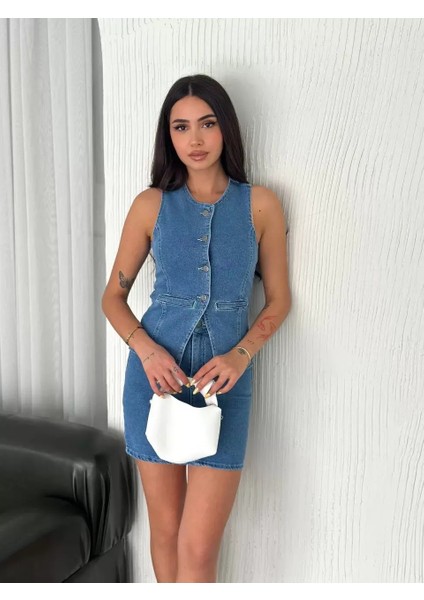 Kot Jeans Etekli Ikili Takım - Mavi