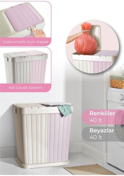 Elite Ikili Dokunmatik Kirli Çamaşır Sepeti & Çöp Kovası (Pembe -Beyaz) 1 Adet